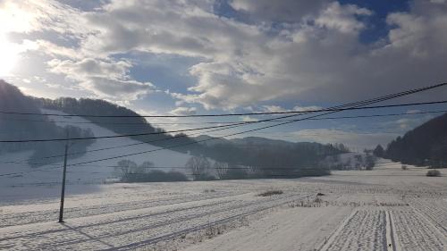 un campo cubierto de nieve con líneas eléctricas en primer plano en Guest house Jana, en Muráň
