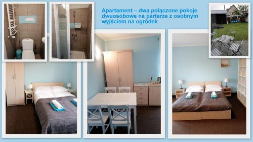 un collage de quatre photos d'une chambre dans l'établissement Skrawek Nieba Pokoje Gościnne, à Łeba