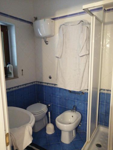 uma casa de banho em azulejos azuis com um WC e um lavatório em countryhomeantonella em Castel San Giorgio