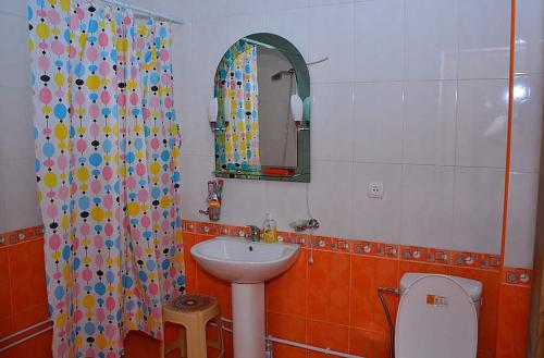 een badkamer met een wastafel, een toilet en een spiegel bij Getap Restaurant & Hotel Vahagnadzor in Vahagnadzor