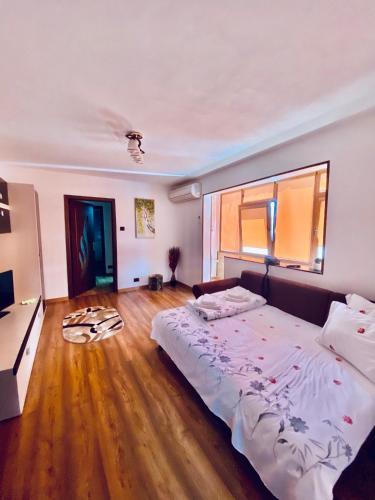 a bedroom with a large bed and a large window at Apartament Sunshine in Orşova