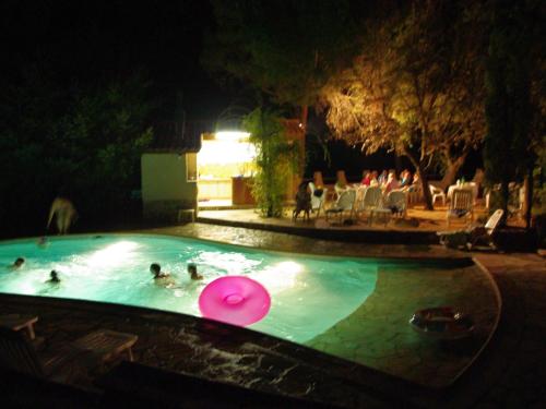 - un frisbee rose dans une piscine la nuit dans l'établissement Location Villa et Studios Roquebrune-sur-Argens, à Roquebrune-sur Argens