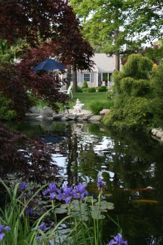 a pond in front of a house with purple flowers at Pleasant Bay Village Resort in Chatham