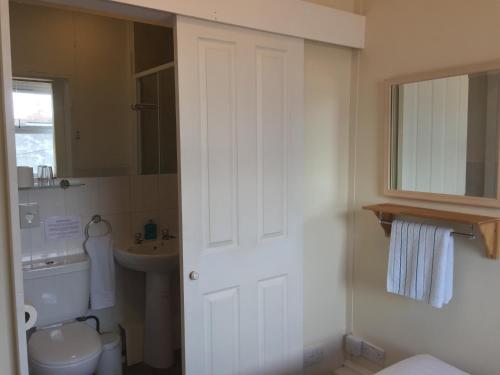 Barbican Reach Guest House في بلايموث: حمام ابيض مع مرحاض ومغسلة