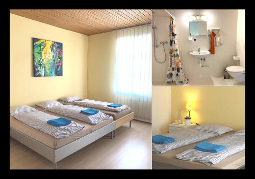 two pictures of a room with two beds and a bathroom at Modtrip Switzerland in Grünenmatt