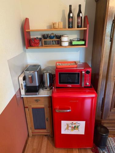 a red microwave on top of a red refrigerator at La Gremillette Gourmande Lavaux in Rivaz