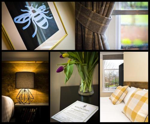 un collage de fotos de una habitación con un jarrón de flores en Bowling Green, en Mánchester