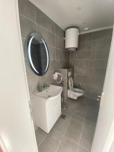 łazienka z umywalką, lustrem i toaletą w obiekcie DM Sobe w mieście Tuzla