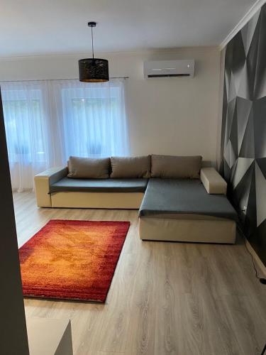 een woonkamer met een bank en een tapijt bij Napsugár Apartmanház in Harkány