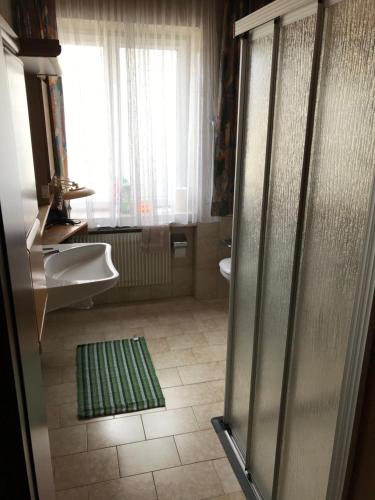 y baño con ducha y lavamanos. en Haus Michael, en Villabassa