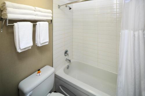 uma casa de banho com uma banheira branca, um WC e um chuveiro em Accent Inns Kamloops em Kamloops