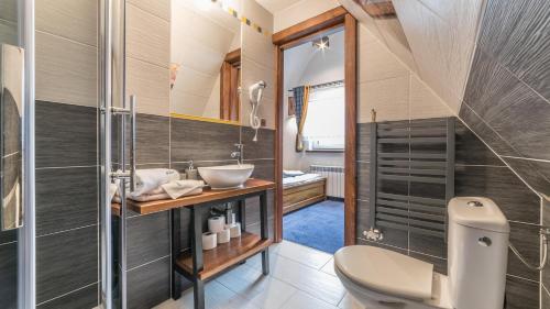 a bathroom with a toilet and a sink at Gościniec Grandel in Bukowina Tatrzańska