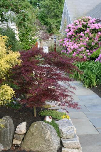 a garden with pink flowers and a rock at Pleasant Bay Village Resort in Chatham