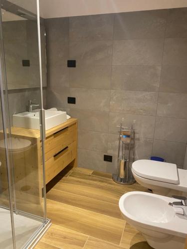 a bathroom with a sink and a toilet at B&B DeBy & E-Bike Rental in San Nicolò di Comelico
