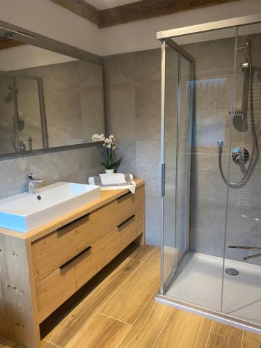 a bathroom with a sink and a shower at B&B DeBy & E-Bike Rental in San Nicolò di Comelico