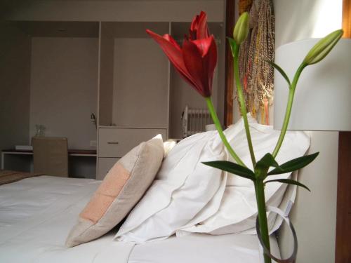 a red flower sitting on top of a bed at Hotel K in Bahia Inglesa