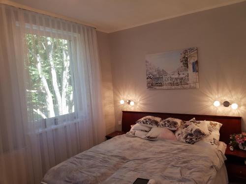 a bedroom with a large bed with a window at Apartament Polonia in Kołobrzeg