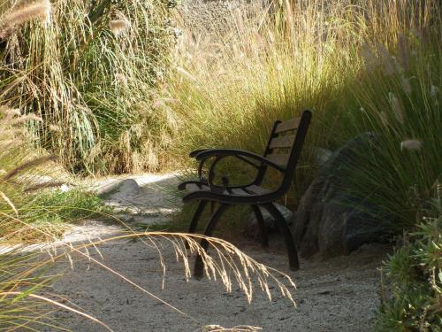 a black bench sitting in the middle of grass at Hotel K in Bahia Inglesa