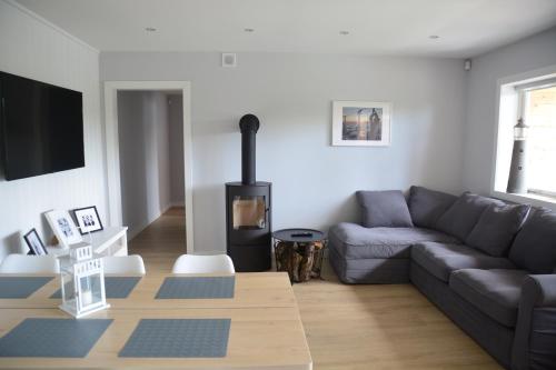 a living room with a couch and a stove at Przystań na Zagórzu - Apartamenty nad jeziorem in Drezdenko