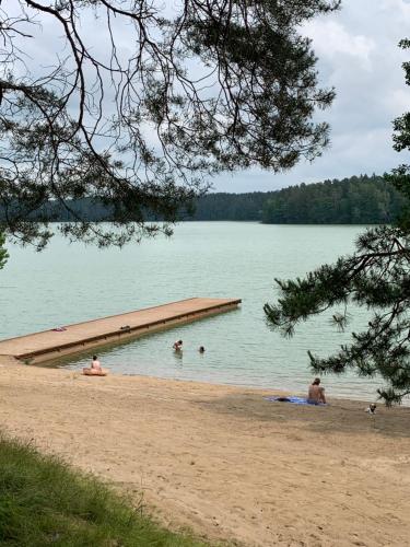a group of people in the water at a beach at Mazurski dom Brejdyny Sauna i Bania in Mrągowo