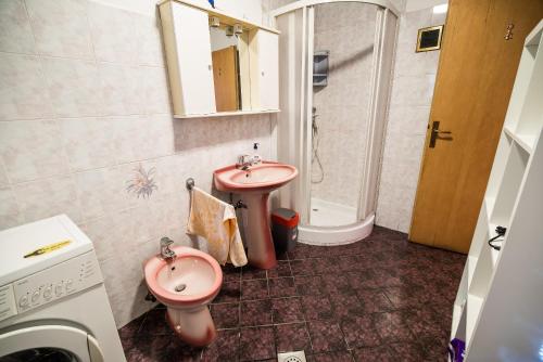 a bathroom with a pink sink and a toilet at Country House Budana in Brestanica