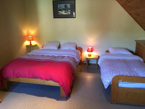 two beds in a room with two lamps on tables at Gîte et chambres d'hôtes Les Framboises in Katzenthal