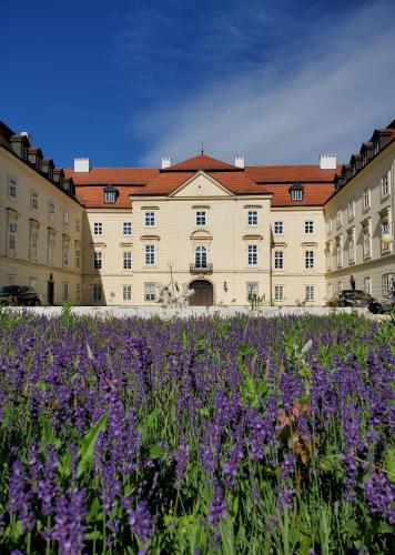 a large building with a field of purple flowers at Zámek Napajedla in Napajedla