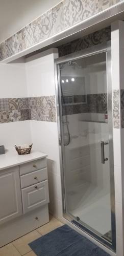 uma casa de banho com um chuveiro e uma porta de vidro em Chambre d'hôtes Morbihan Gwenva em Sainte-Brigitte