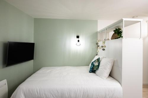 a bedroom with a white bed and a flat screen tv at La Suite Saint Georges - Beau studio cosy et design à 5 mn métro Vieux Lyon in Lyon