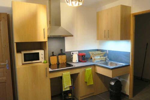 a kitchen with a sink and a microwave at Gîte le Rocher - Suitable for people with reduced mobility in La Grave