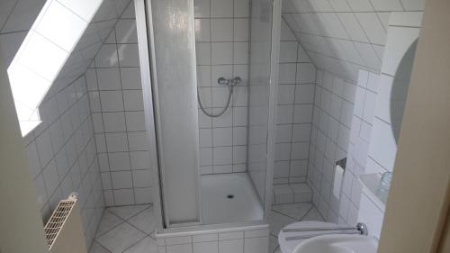 une salle de bains avec douche, toilettes et lavabo dans l'établissement Wellenberg, à Breege