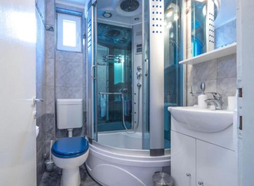 W łazience znajduje się prysznic, toaleta i umywalka. w obiekcie Apartman Andja sea and garden view w mieście Peroj