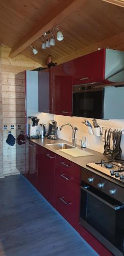 a kitchen with red cabinets and a sink at Prachtig Scandinavisch Chalet in Makkum