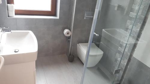 a bathroom with a toilet and a sink and a shower at Guest House Harmony in Veliko Tŭrnovo
