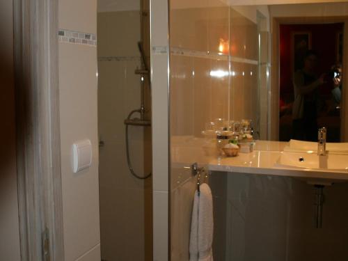 a bathroom with a sink and a shower with a mirror at Chambres d'hôtes Au Clos de Beaulieu in Bossée