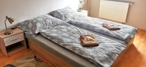 two beds in a bedroom with shoes on them at Penzion Kolovna in Dobrá