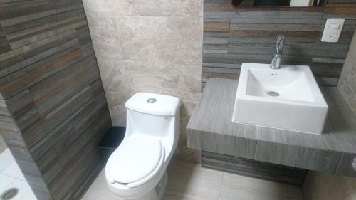 a bathroom with a white toilet and a sink at Hotel Central in San Luis Potosí