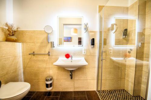 a bathroom with a sink and a toilet and a shower at Hotel Richter in Hamburg