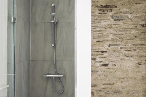 a shower with a shower head in a bathroom at Cardigan Castle in Cardigan