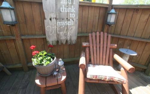 a patio with two chairs and a pot of flowers at Dragonfly Bed and Breakfast in Antioch