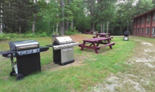 a park with a grill and picnic tables in the grass at Evergreen Valley Inn in North Lovell