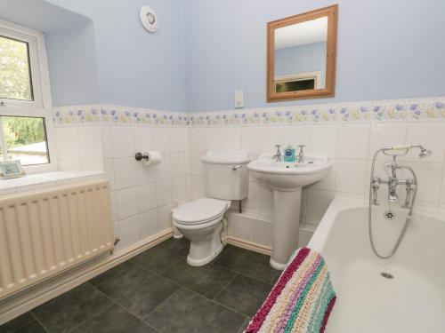 a bathroom with a toilet and a sink and a bath tub at Anvil Cottage in Near Sawrey