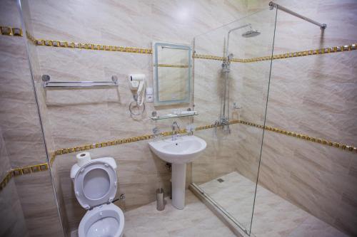 a bathroom with a toilet and a sink and a shower at Hotel Ak Saray in Tashkent