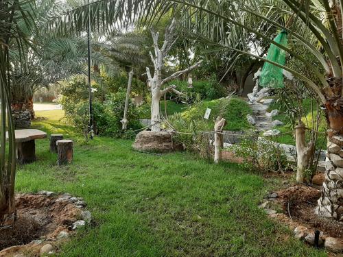 a garden with a bench and a palm tree at Daraysh Hotel in Sharjah