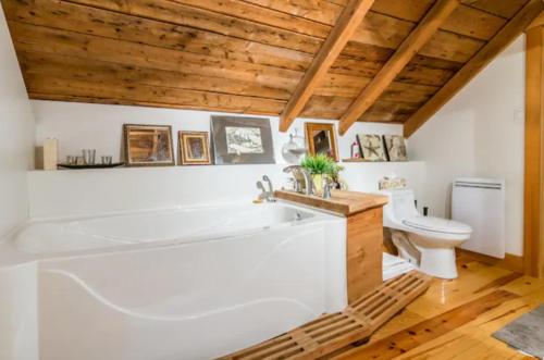 a bathroom with a white tub and a toilet at Cottage Jacques Cartier in Stoneham