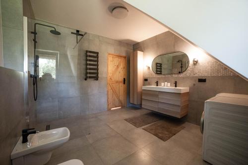 a bathroom with a sink and a toilet and a mirror at Letnisko Rozwarowo 2 in Kamień Pomorski