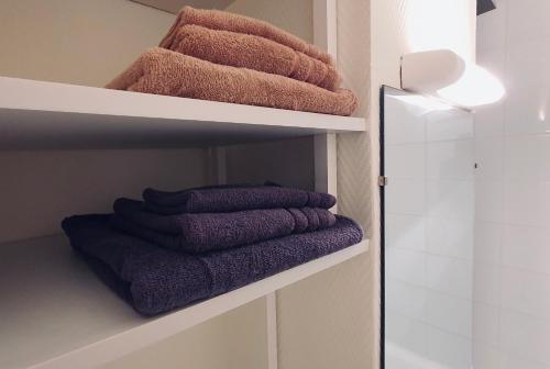 uma pilha de toalhas sentadas nas prateleiras da casa de banho em Annecy : #Studio #Mont Veyrier #Semnoz #Visitation em Annecy