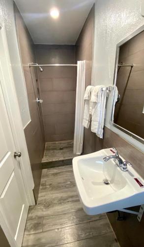 a bathroom with a sink and a shower at Dixie Motel in Compton
