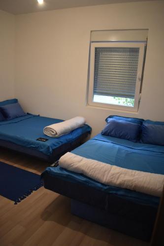 two beds sitting in a room with a window at Vikendica Marija, Culine in Mali Zvornik
