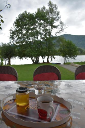 a tray with a cup of coffee on a table at Vikendica Marija, Culine in Mali Zvornik